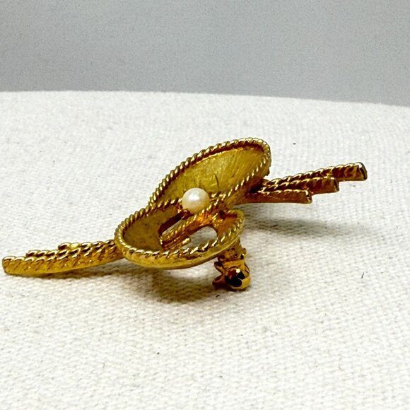 Mamselle Mid-Century Brooch Vintage Gold-Tone Faux Pearl Signed - Picture 3 of 10